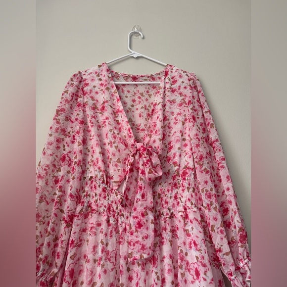 Pink Deep V-Neck Lantern Sleeve Knotted Tired Mini Dress Pink Size L - Picture 7 of 9